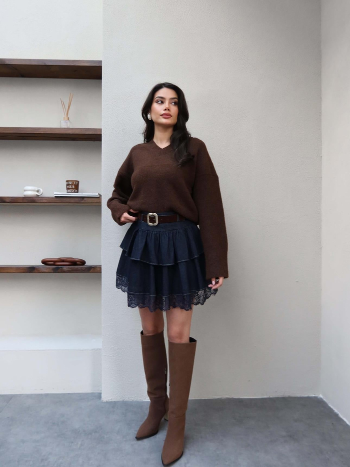 Dantelli Mini Kat Denim Etek
