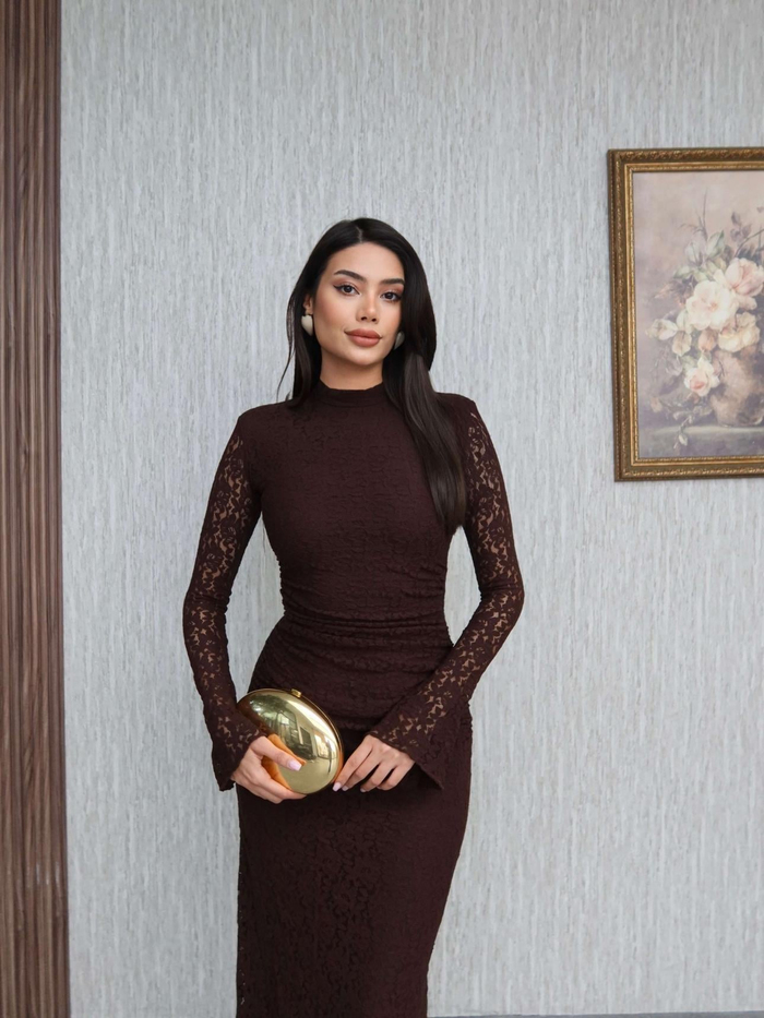 Dantelli Omuz Vatkalı Uzun Elbise