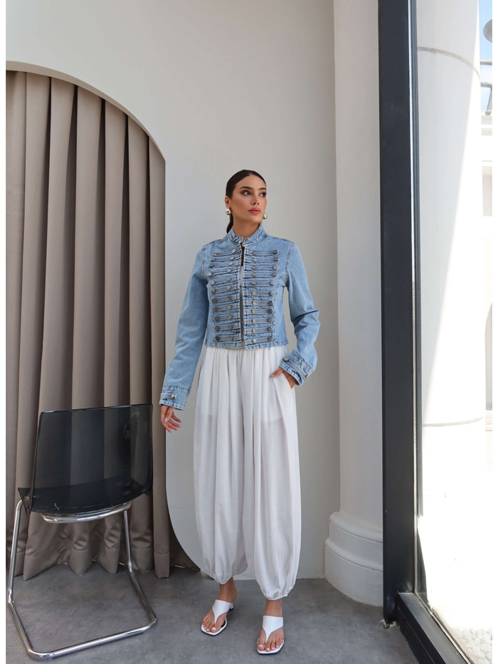 Dar Kesim Düğmeli Denim Ceket