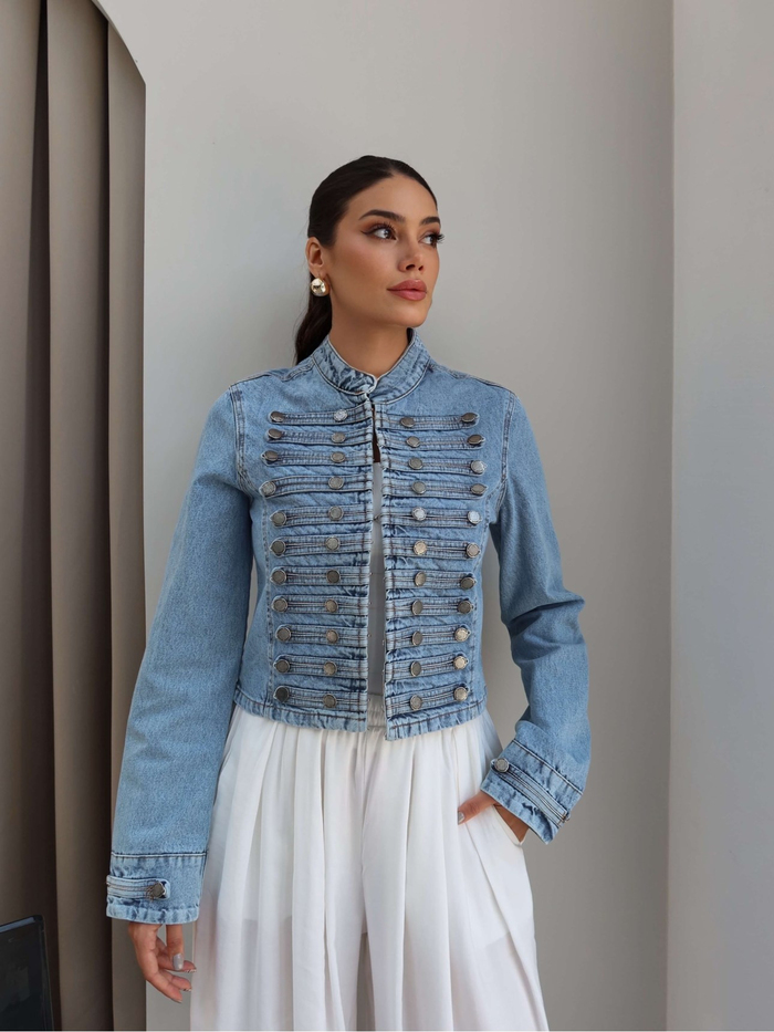 Dar Kesim Düğmeli Denim Ceket