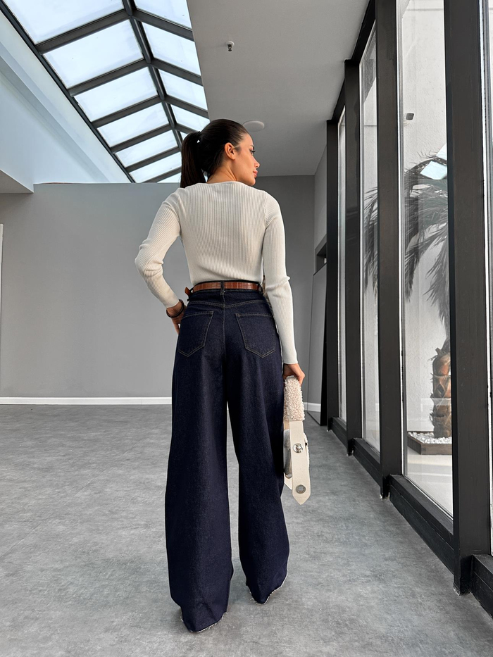 Darkblue Geniş Paça Kesik Jean