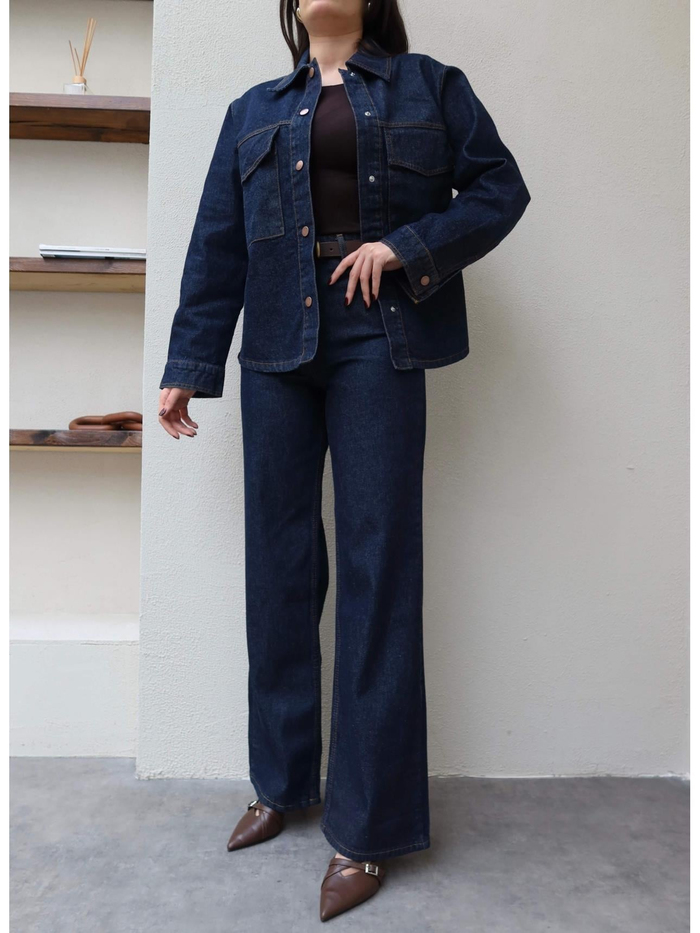 Denim Çıtçıtlı Gömlek Pantolon Takım