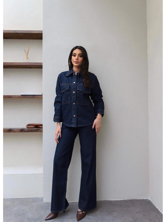Denim Çıtçıtlı Gömlek Pantolon Takım