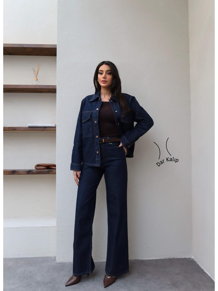 Denim Çıtçıtlı Gömlek Pantolon Takım