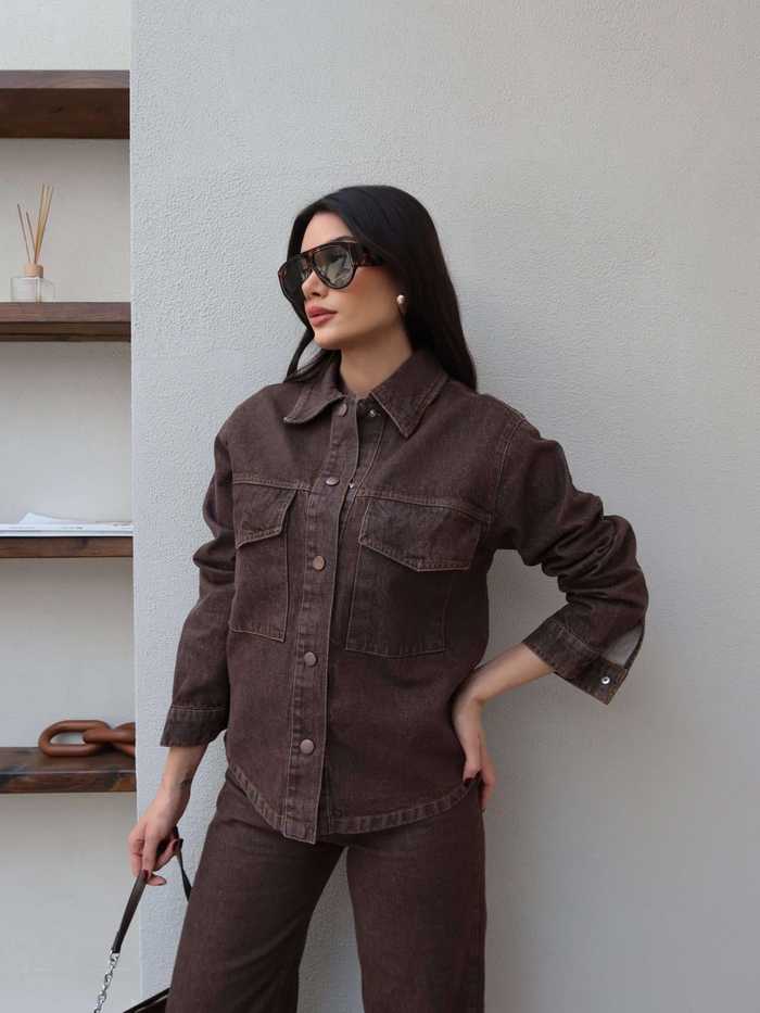 Denim Çıtçıtlı Gömlek Pantolon Takım