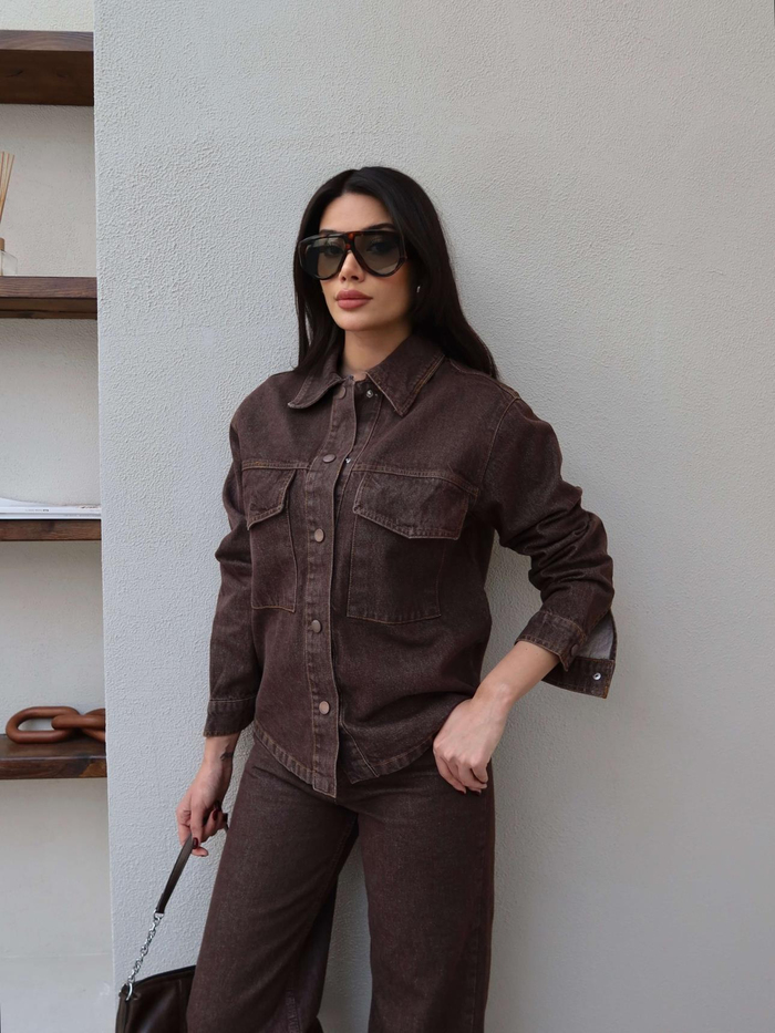 Denim Çıtçıtlı Gömlek Pantolon Takım