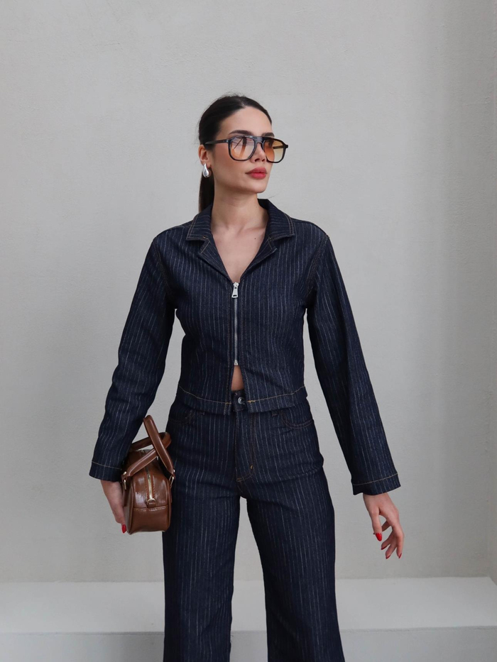 Denim Çizgili Ceket Pantolon Takım