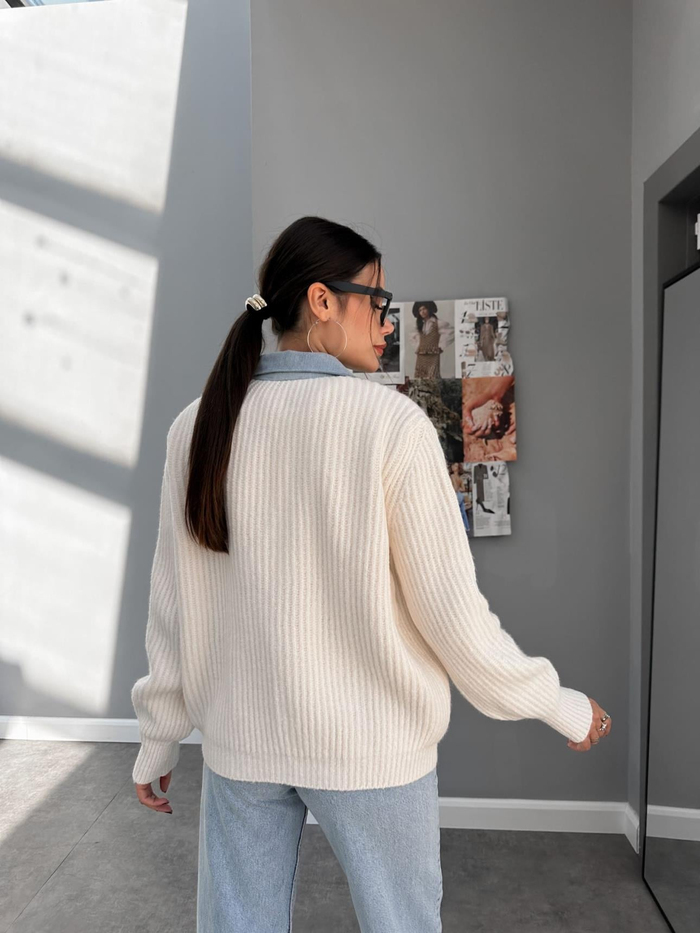Denim Detay Çıtçıtlı Yün Kazak