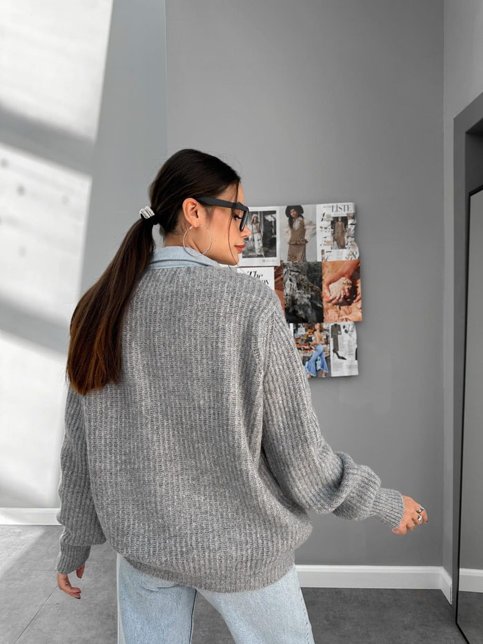 Denim Detay Çıtçıtlı Yün Kazak