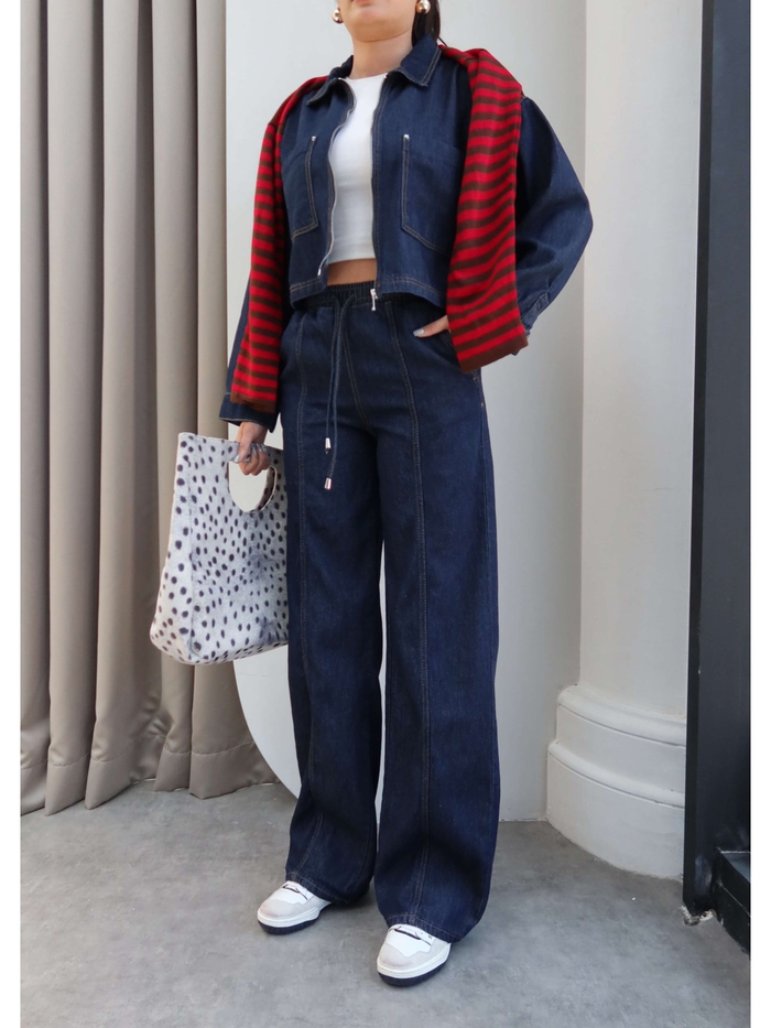 Denim Fermuarlı Ceket Pantolon Takım