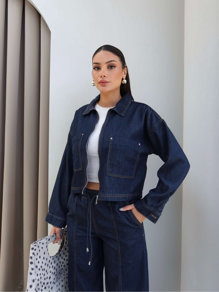 Denim Fermuarlı Ceket Pantolon Takım