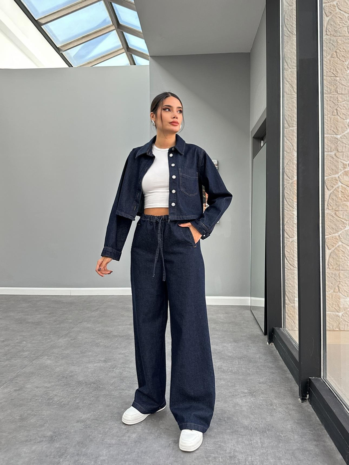 Denim Gömlek Palazzo Pantolon Takım