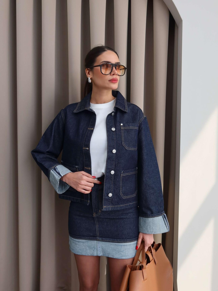 Denim Katlamalı Ceket Etek Takım