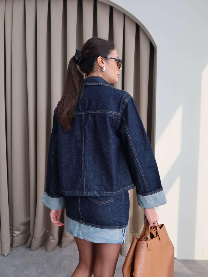 Denim Katlamalı Ceket Etek Takım