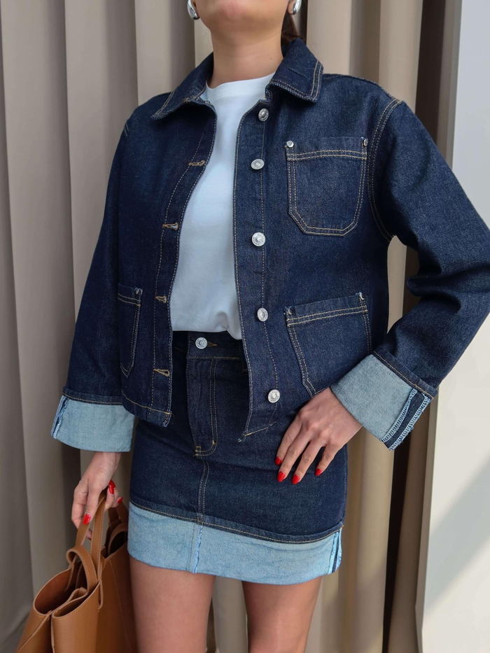 Denim Katlamalı Ceket Etek Takım