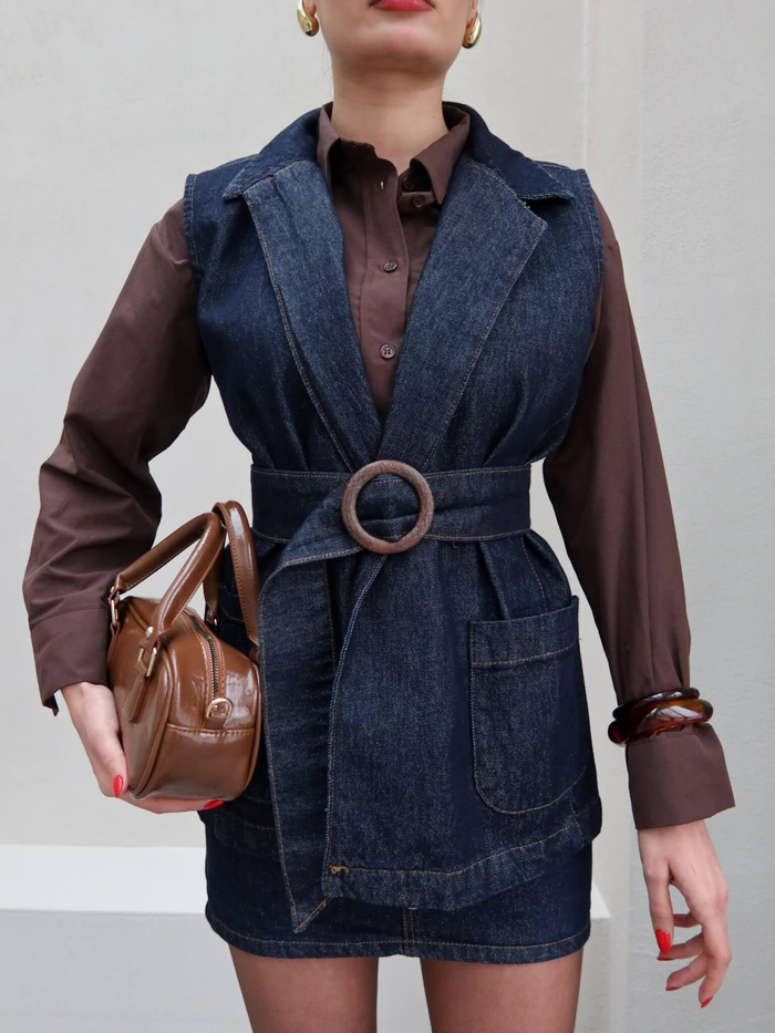 Denim Kuşaklı Yelek