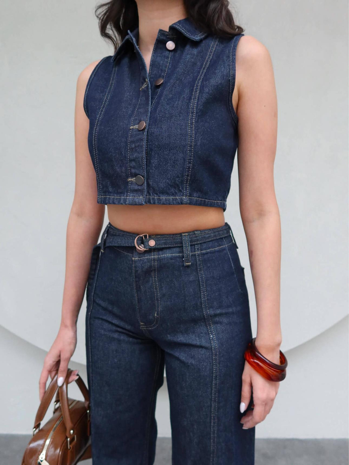 Denim Sıfır Kol Yelek Çimalı Pantolon Takım