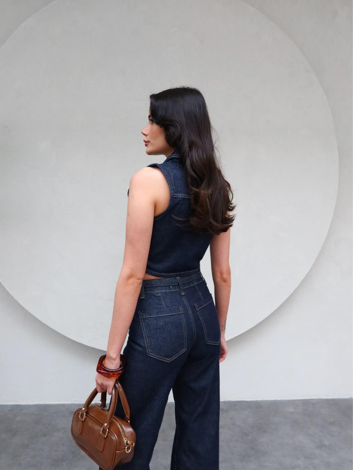 Denim Sıfır Kol Yelek Çimalı Pantolon Takım