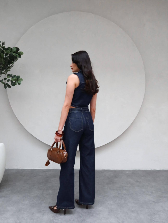 Denim Sıfır Kol Yelek Çimalı Pantolon Takım