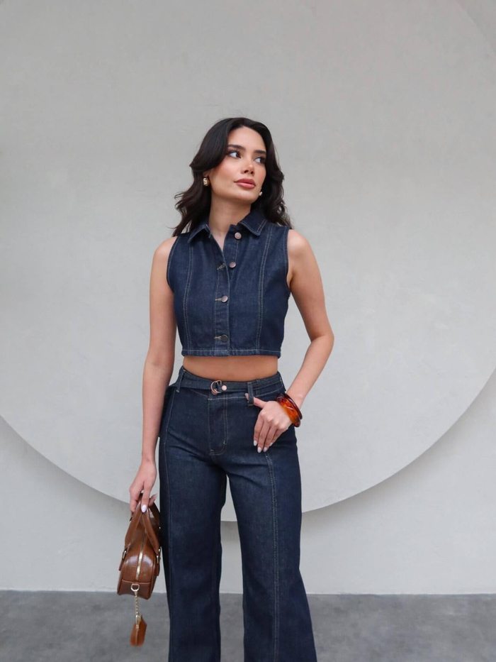 Denim Sıfır Kol Yelek Çimalı Pantolon Takım