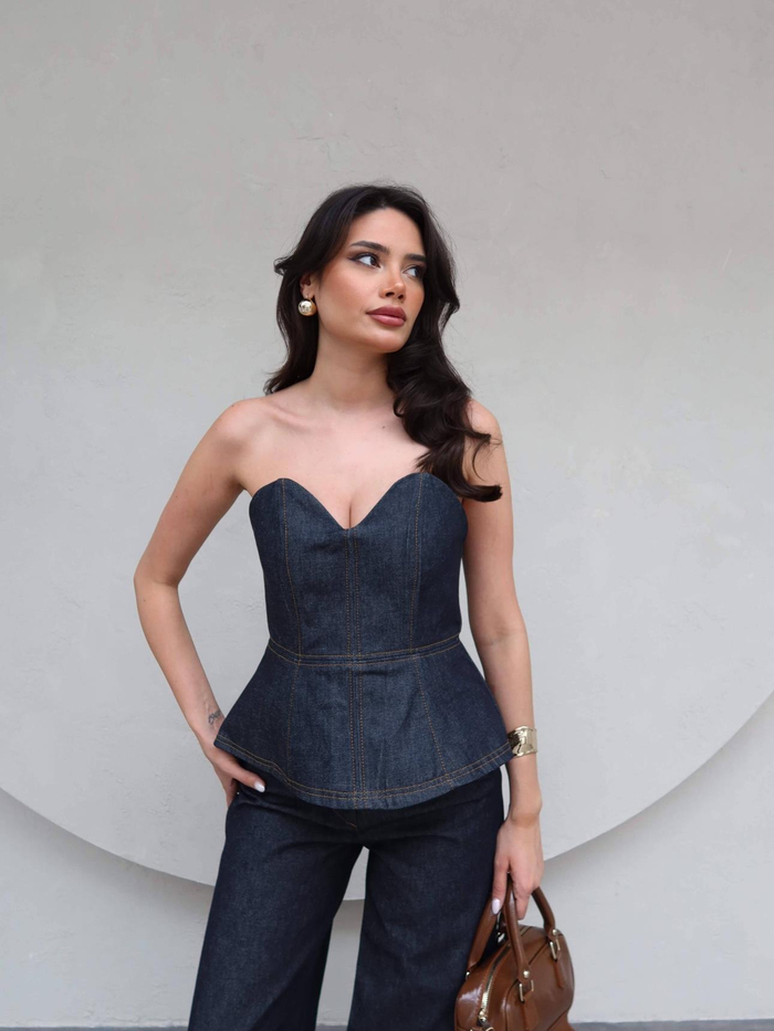 Denim Straplez Bluz