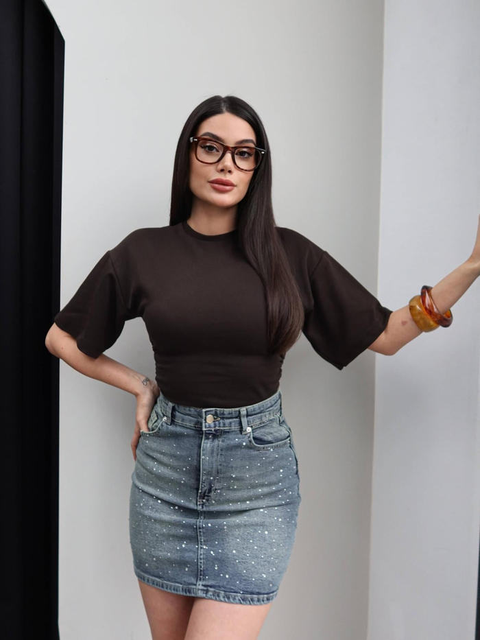 Denim Taşlı Mini Etek