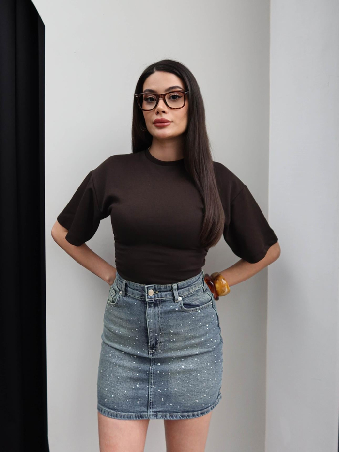 Denim Taşlı Mini Etek