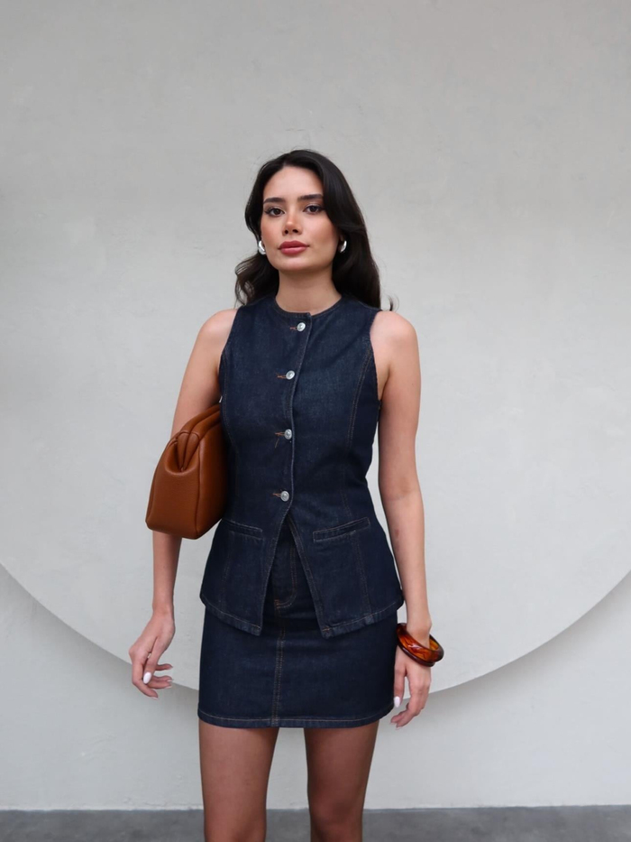 Denim Yelek Etek Takım