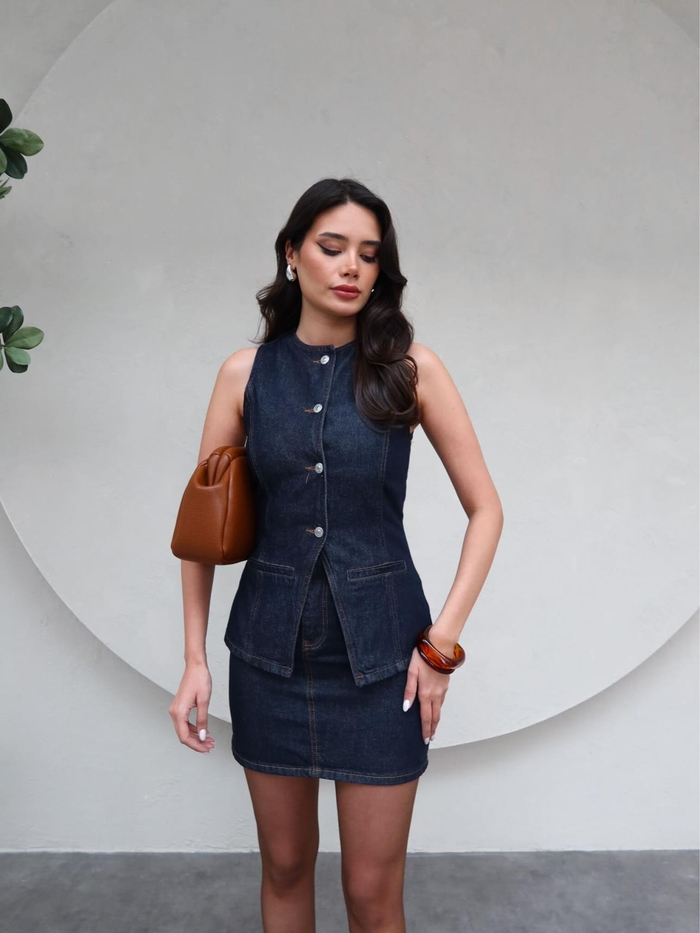Denim Yelek Etek Takım