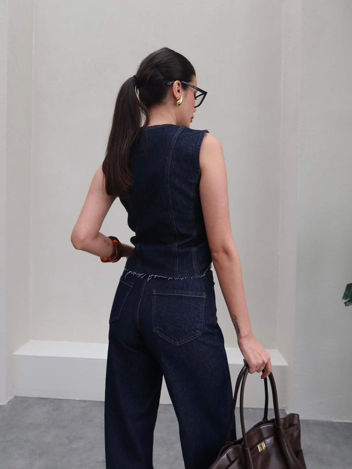 Denim Yelek Palazzo Pantolon Takım