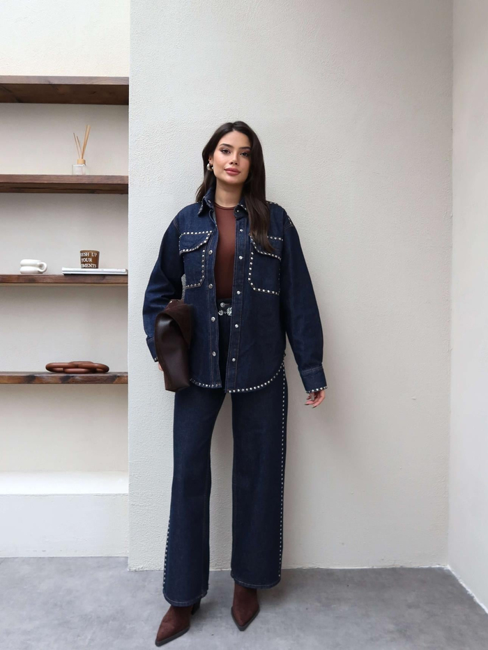 Denim Zımba Detaylı İkili Takım