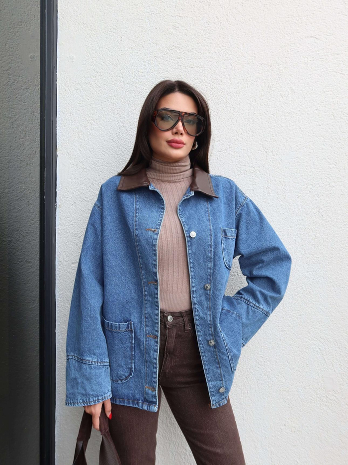 Deri Yaka Açık Cep Denim Ceket