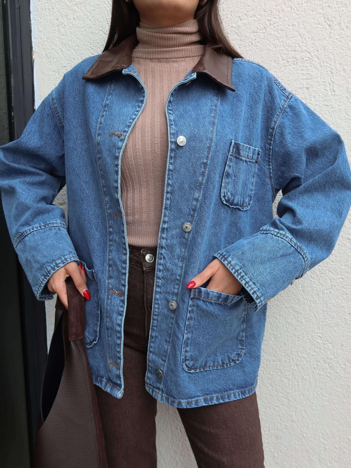 Deri Yaka Açık Cep Denim Ceket