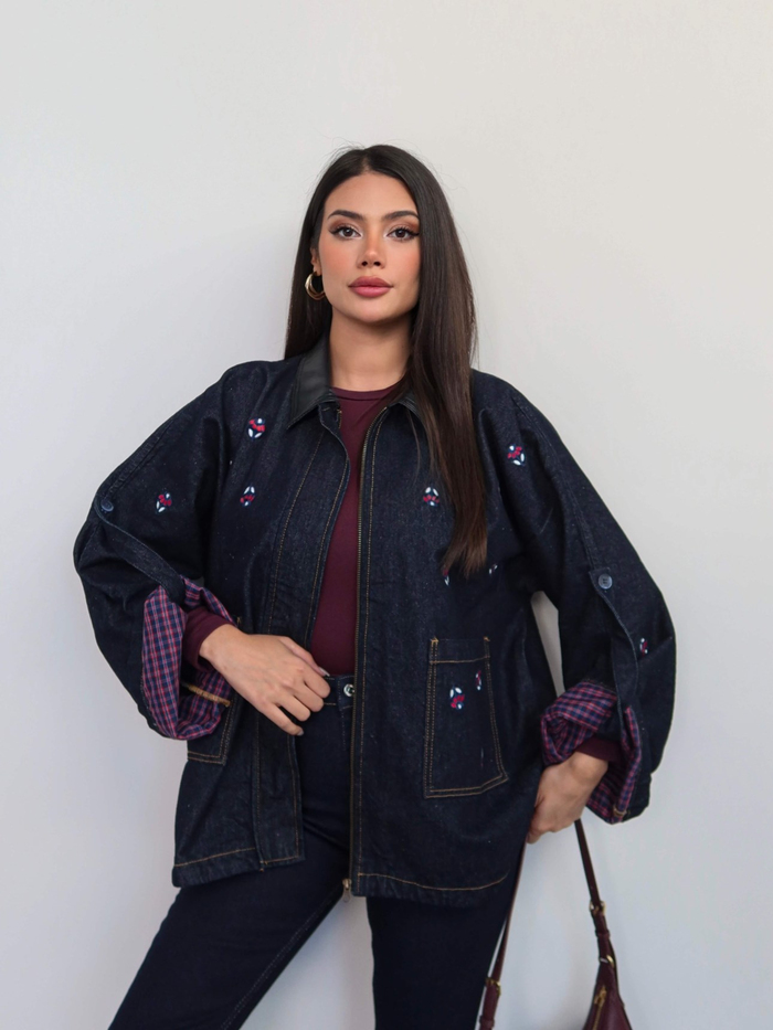 Deri Yaka Nakışlı Denim Ceket