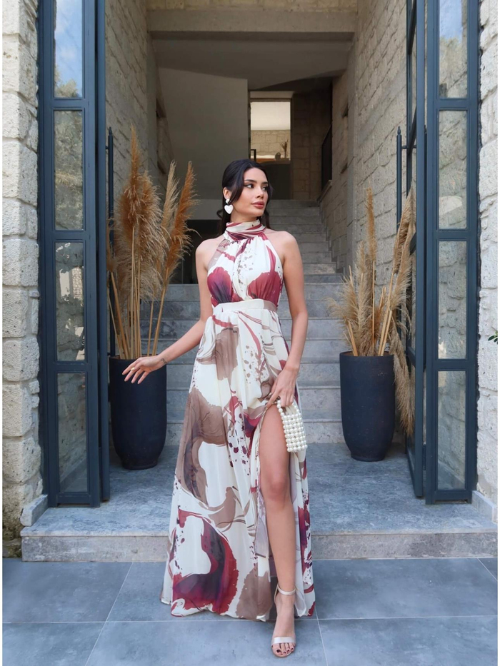 Desenli Halter Yaka Yırtmaçlı Elbise