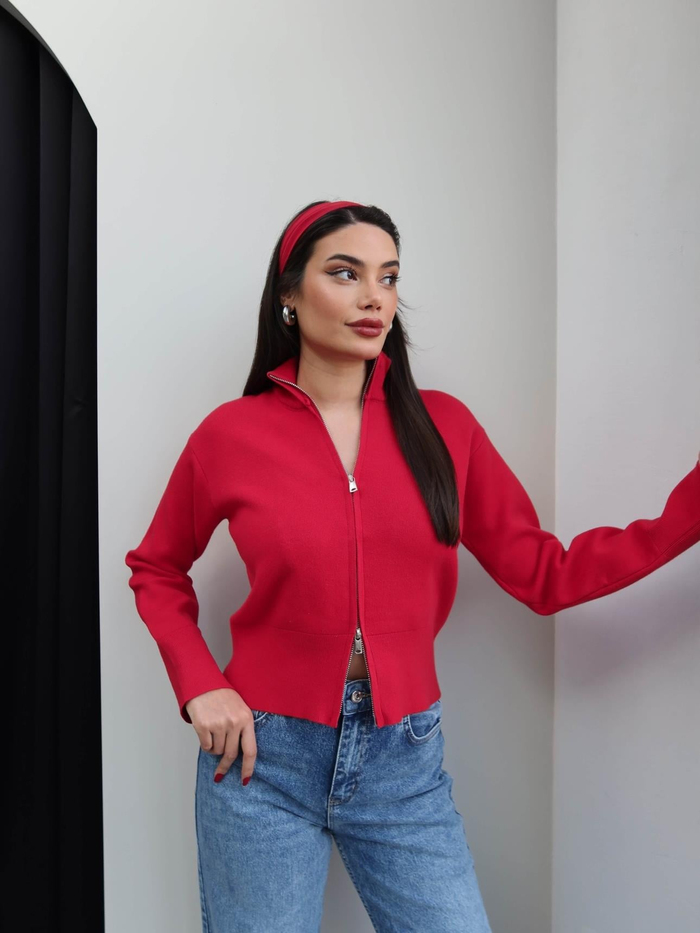 Dik Yaka Çift Fermuarlı Triko Hırka