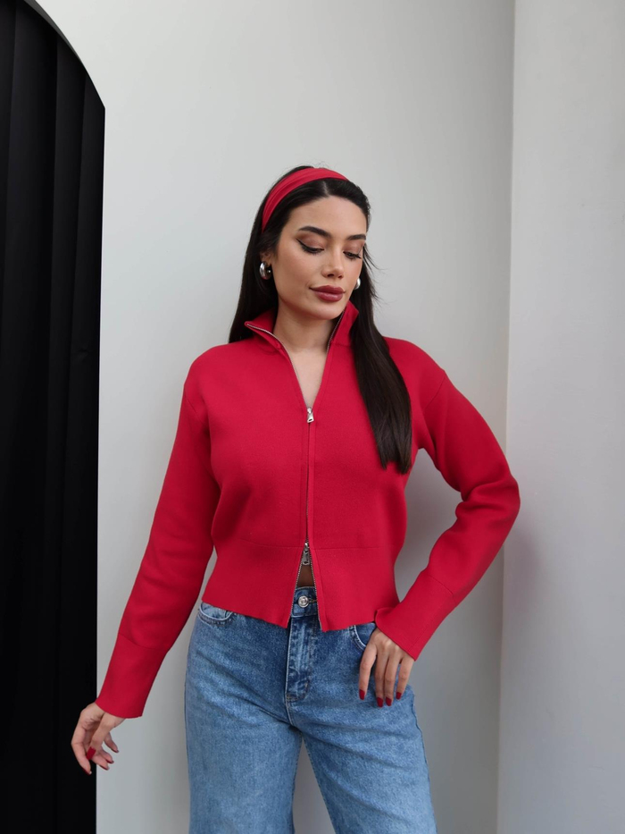 Dik Yaka Çift Fermuarlı Triko Hırka