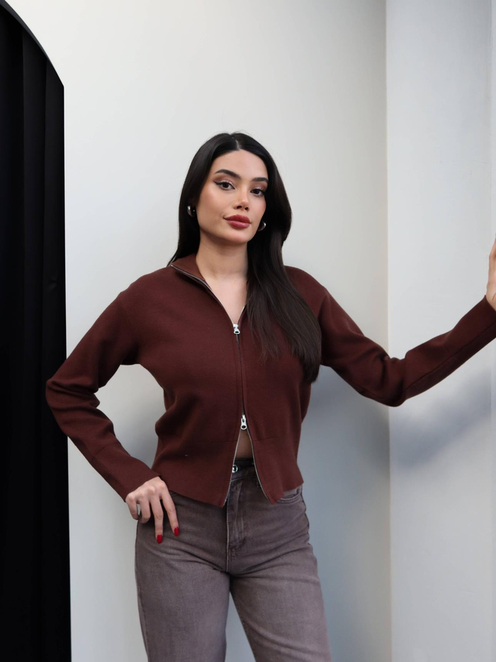 Dik Yaka Çift Fermuarlı Triko Hırka