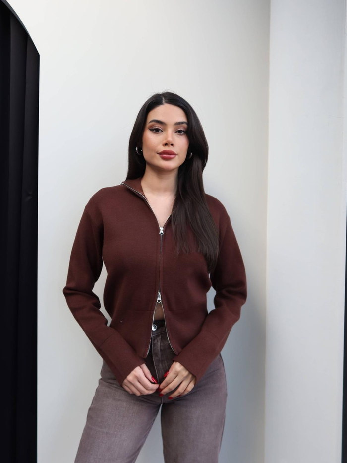 Dik Yaka Çift Fermuarlı Triko Hırka