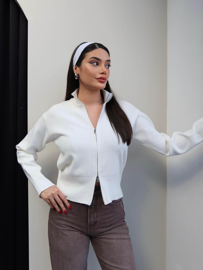 Dik Yaka Çift Fermuarlı Triko Hırka