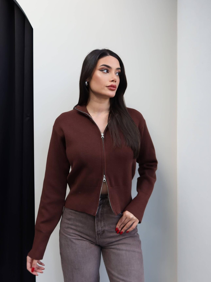 Dik Yaka Çift Fermuarlı Triko Hırka