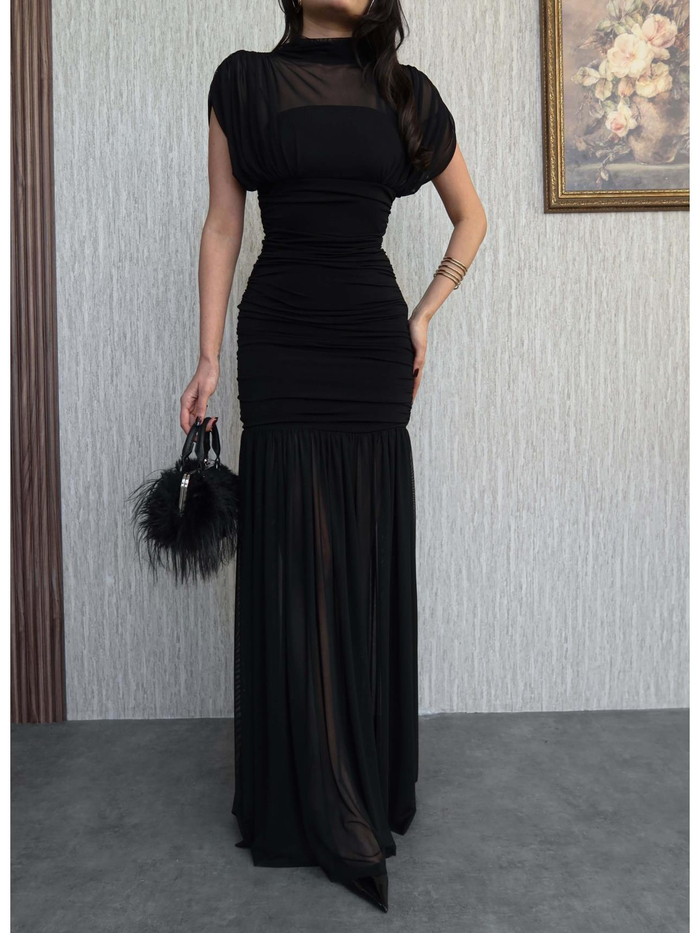 Dik Yaka Drapeli Tül Maxi Elbise