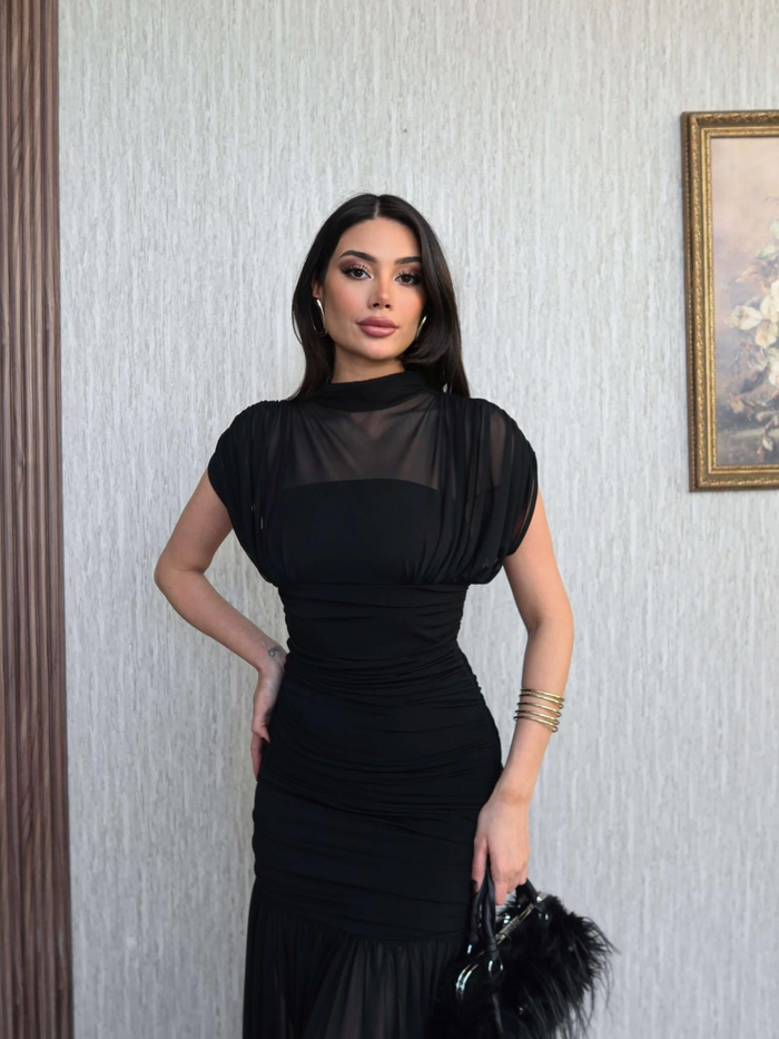 Dik Yaka Drapeli Tül Maxi Elbise