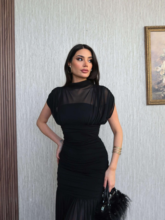 Dik Yaka Drapeli Tül Maxi Elbise