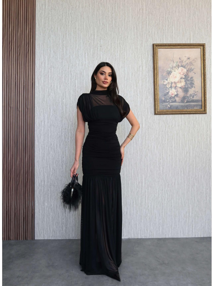 Dik Yaka Drapeli Tül Maxi Elbise