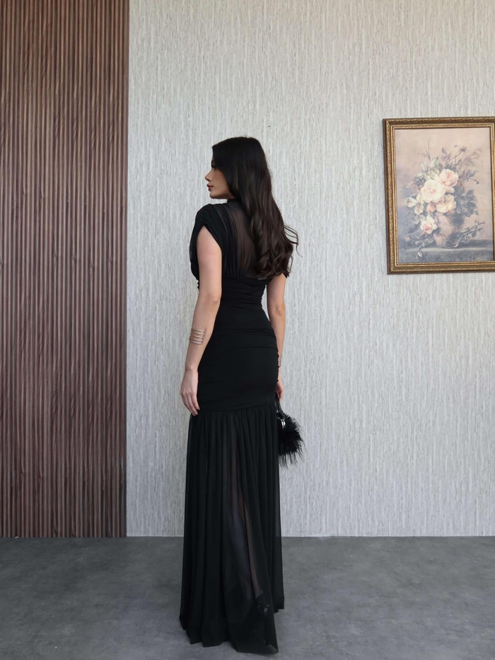 Dik Yaka Drapeli Tül Maxi Elbise