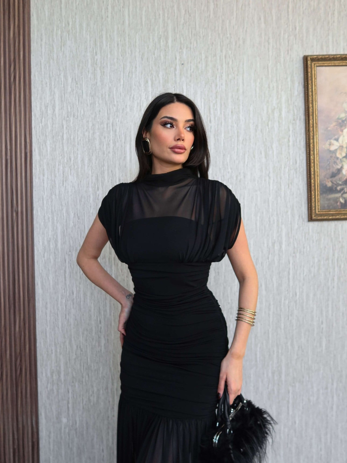 Dik Yaka Drapeli Tül Maxi Elbise