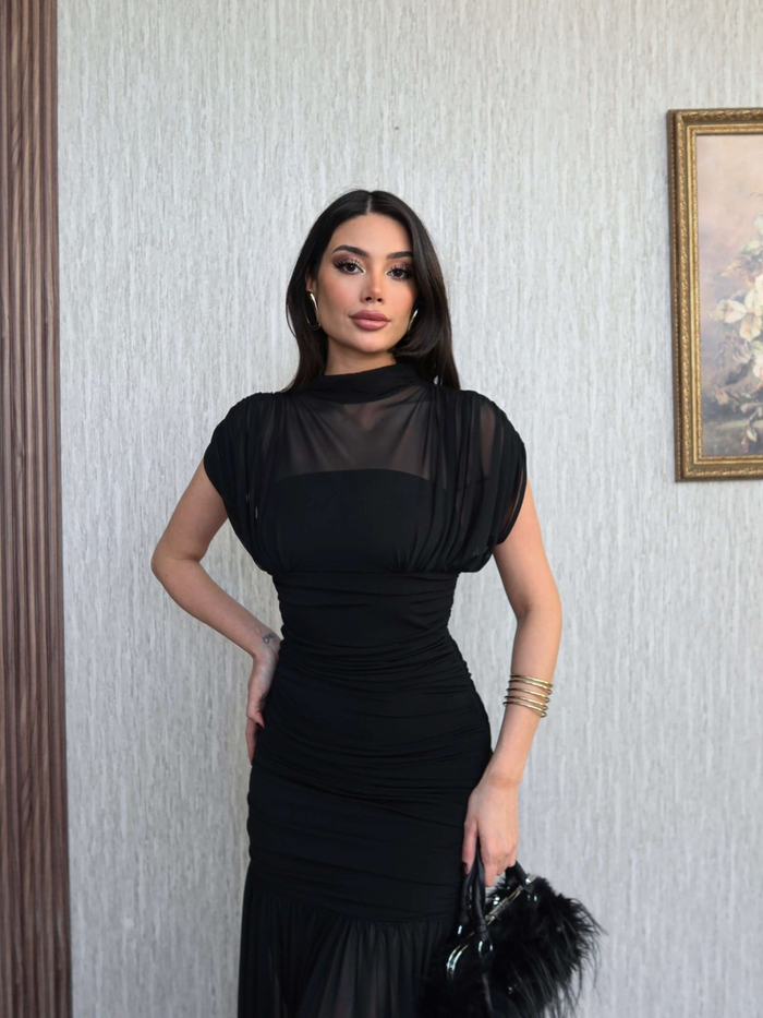 Dik Yaka Drapeli Tül Maxi Elbise