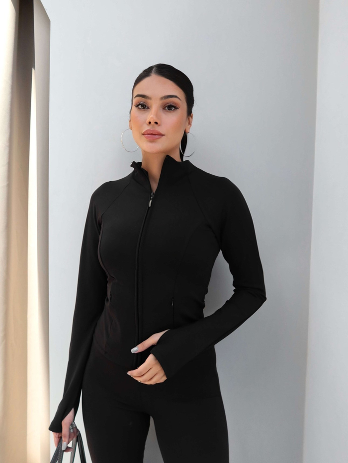 Dik Yaka Fermuarlı Dar Kesim Ceket