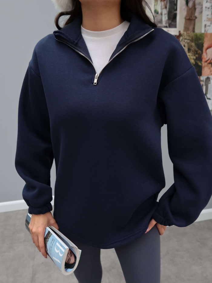 Dik Yaka Fermuarlı Düz Sweat